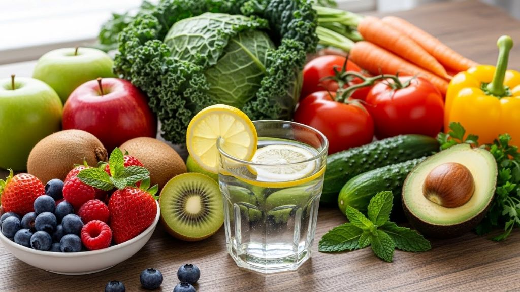 Fresh colorful fruits and vegetables arranged on table next to glass of water for healthy glowing skin diet