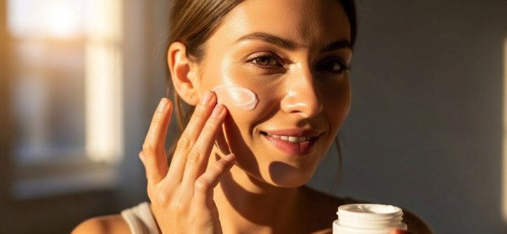 Woman with glowing radiant skin smiling while applying natural moisturizer to her face in morning sunlight