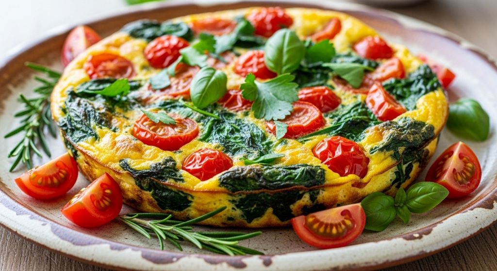 Healthy vegetable frittata with tomatoes, spinach, and herbs served on rustic Mediterranean-style plate