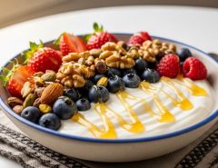 Colorful Mediterranean breakfast bowl with Greek yogurt, fresh berries, nuts, and honey drizzle on white table