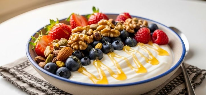 Colorful Mediterranean breakfast bowl with Greek yogurt, fresh berries, nuts, and honey drizzle on white table