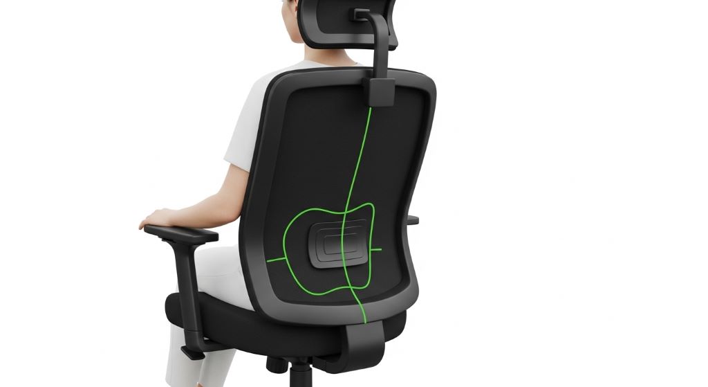 Diagram showing proper sitting position in an adjustable office chair for spinal health