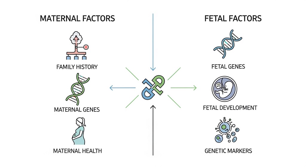 An informational infographic panel comparing maternal and fetal genetic factors in preterm delivery.
