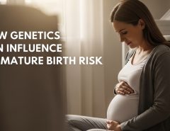 A pregnant woman reflecting in a nursery with text overlay "How Genetics Can Influence Premature Birth Risk