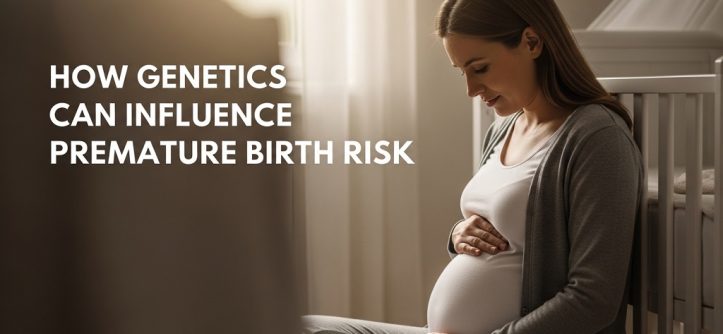 A pregnant woman reflecting in a nursery with text overlay "How Genetics Can Influence Premature Birth Risk