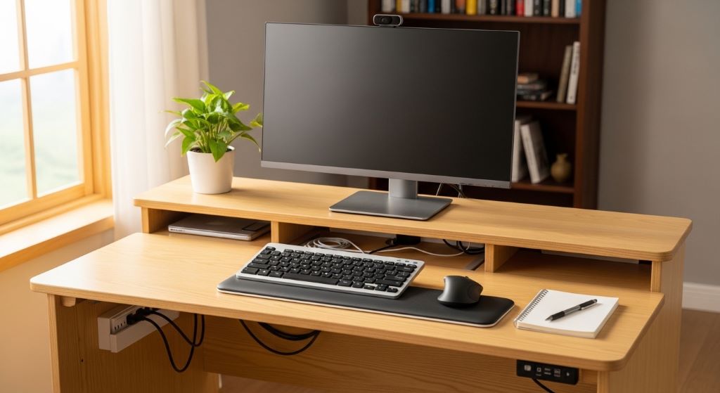 Budget-friendly posture friendly desk with proper monitor and keyboard placement