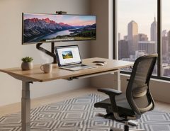 Ergonomic height-adjustable desk setup in modern home office workspace
