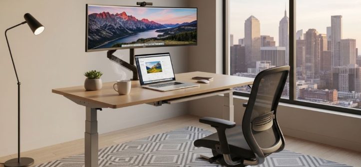 Ergonomic height-adjustable desk setup in modern home office workspace