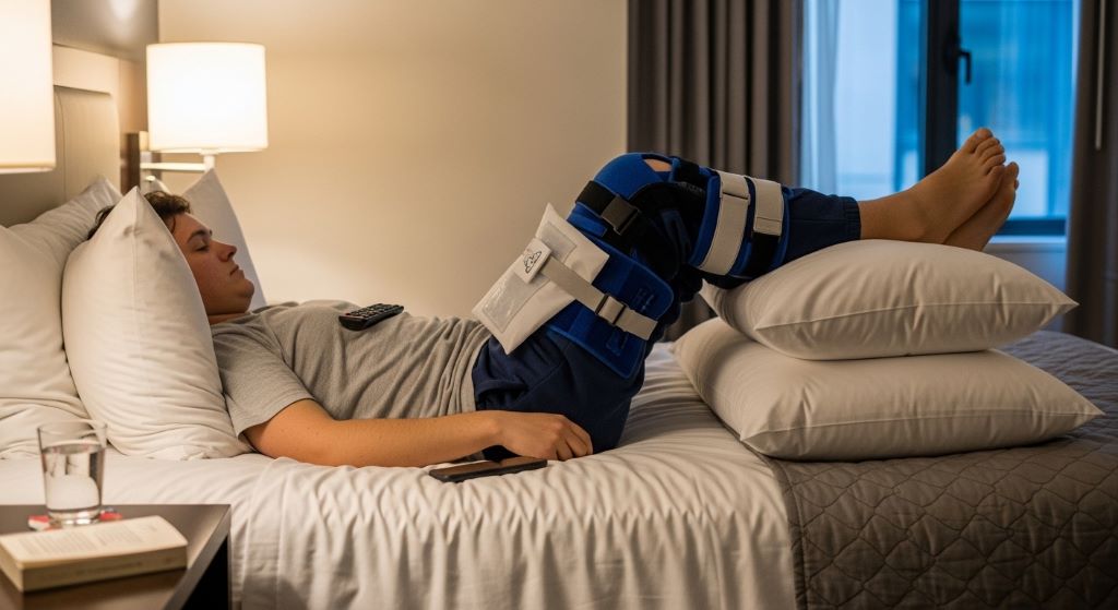 A recovering knee surgery patient resting in a hotel room with their leg elevated on two pillows and a portable ice pack applied to the knee, demonstrating proper leg elevation technique