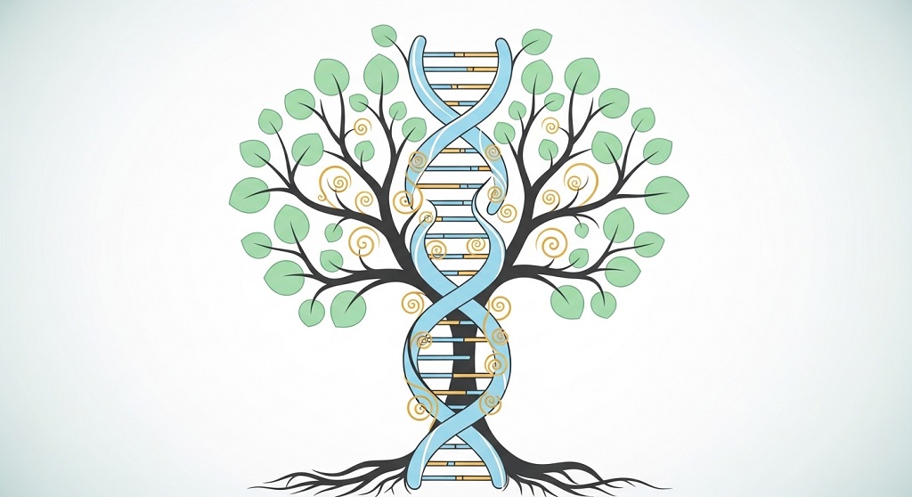A stylized illustration linking DNA structure to a family tree symbolizing inherited health traits.