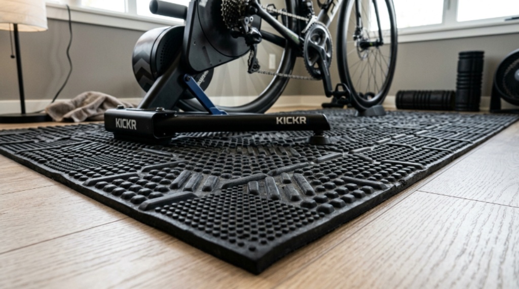 Close-up of a thick rubber cycling trainer mat showing textured non-slip surface for vibration control in apartment fitness setup