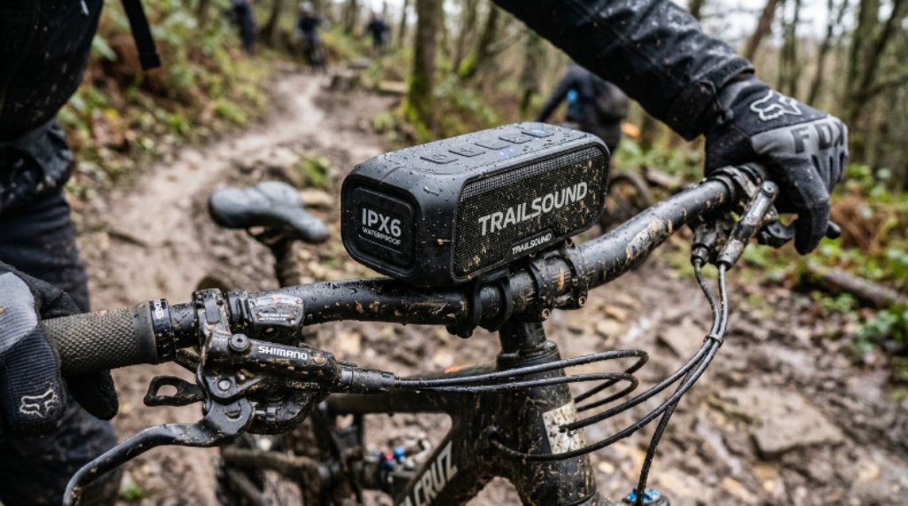 Close-up of an IPX6-rated bike speaker attached to handlebars on a muddy mountain trail