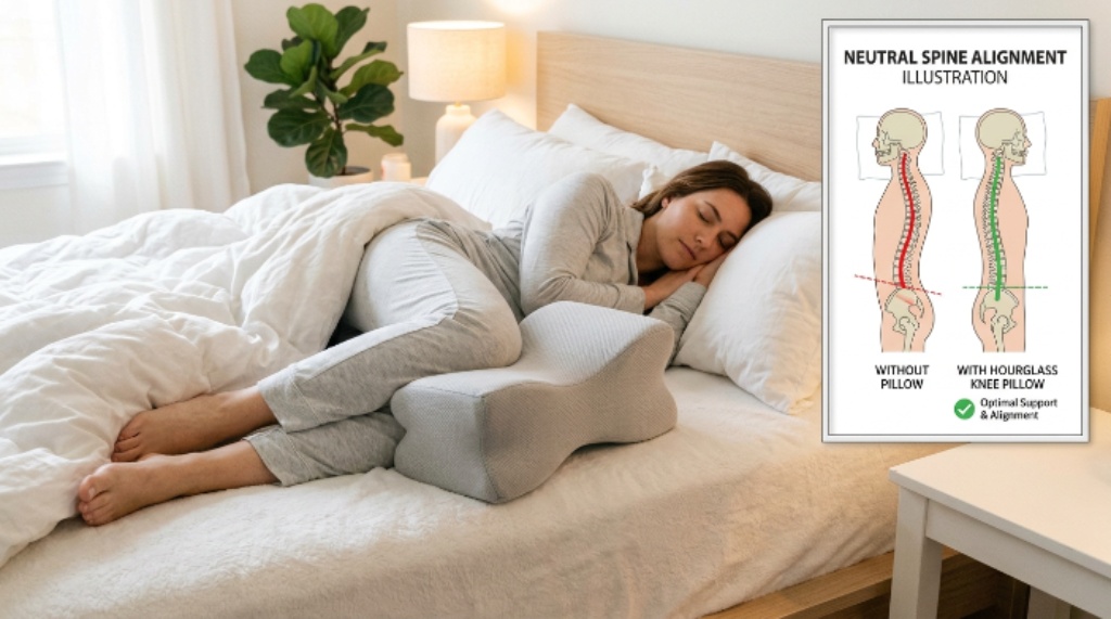 An hourglass-shaped orthopedic knee pillow on a white bed with a neutral spine alignment illustration