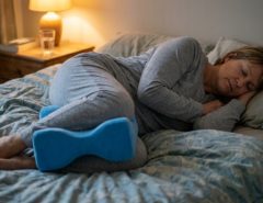 A person sleeping on their side with a contoured knee pillow placed between their knees for hip pain relief