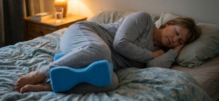 A person sleeping on their side with a contoured knee pillow placed between their knees for hip pain relief