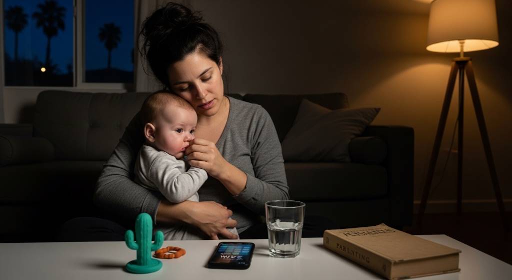 Parent using chilled teething toy before baby bedtime