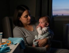 San Diego mom comforting baby during nighttime gum discomfort