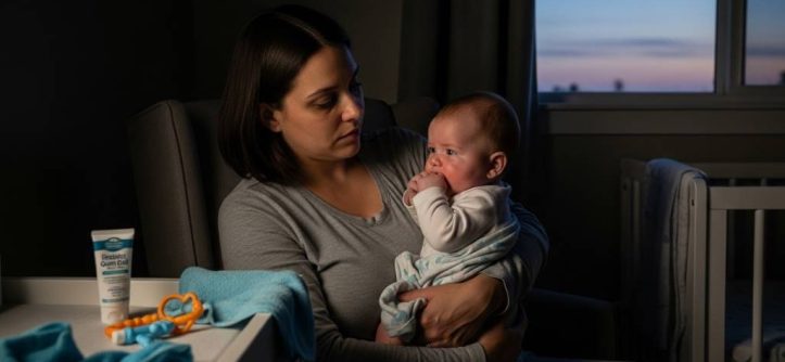 San Diego mom comforting baby during nighttime gum discomfort