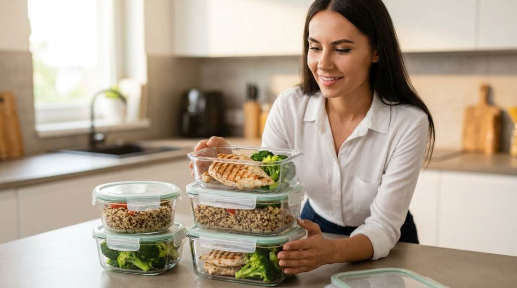Fresh nutritious foods organized for weekly meal planning