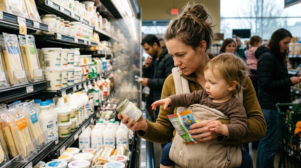 Parent reading dairy snack labels in grocery store